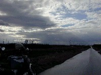 地平線まで覆う雲と地上一面を覆う巨大な風力発電の風車の森の中をはるかまで貫く一本道の写真