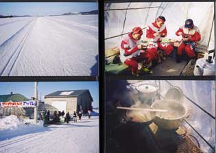 何も無い広大な雪の野原にぽつんと出現するオアシスのような給食所の温かなビニールハウスの中で湯気を上げるトン汁の鍋を頂いている写真
