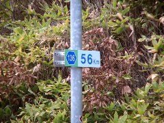 道路に設置されている道の番号と基点より何キロ地点であるかという事を示したキロメーターポストと呼ばれる道路標識の写真