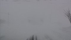 広い畑の中を進む国道が畑より吹き付ける地吹雪によって前が見えない状態になっている写真