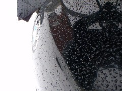 雨粒に覆われたバイクの燃料タンクの写真