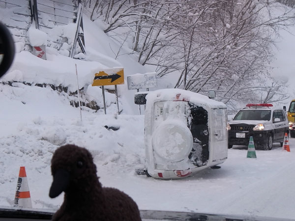 雪道で横転している乗用車の写真