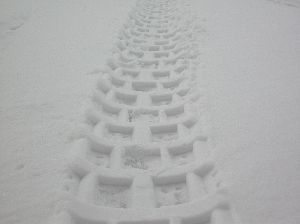 まっさらな雪の上にぼこぼことつけられたバイクのスパイクタイヤの足跡の写真