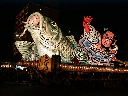 暗闇の中に輝いている青森ねぷた祭りの大きなねぷたの写真